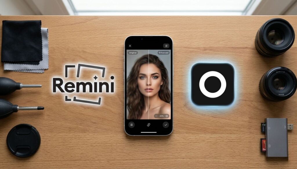 Remini vs Lensa AI photo editor app comparison showing interface features and editing capabilities 2026
