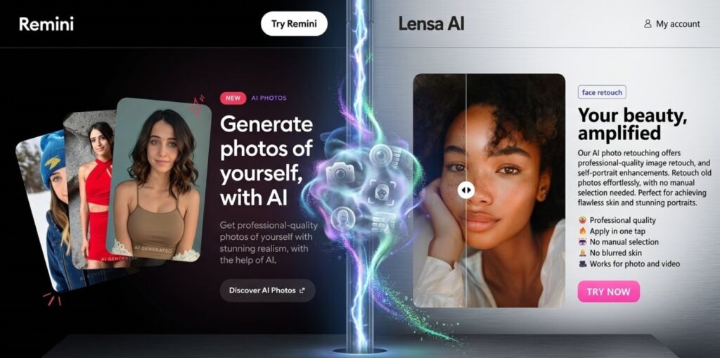 Remini vs Lensa photo quality comparison showing before and after results from AI photo editor app testing on portraits and old photos