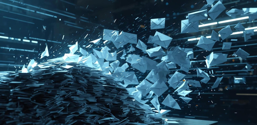 Illustration of emails flying out of control — the inbox chaos SaneBox's AI email filter is designed to fix