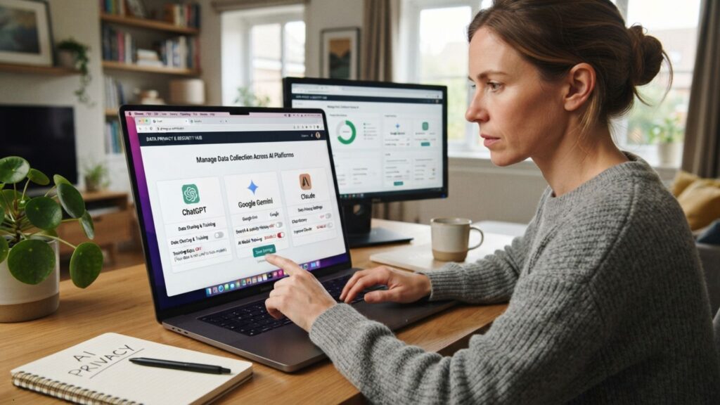 AI privacy settings for ChatGPT, Gemini and Claude on a laptop