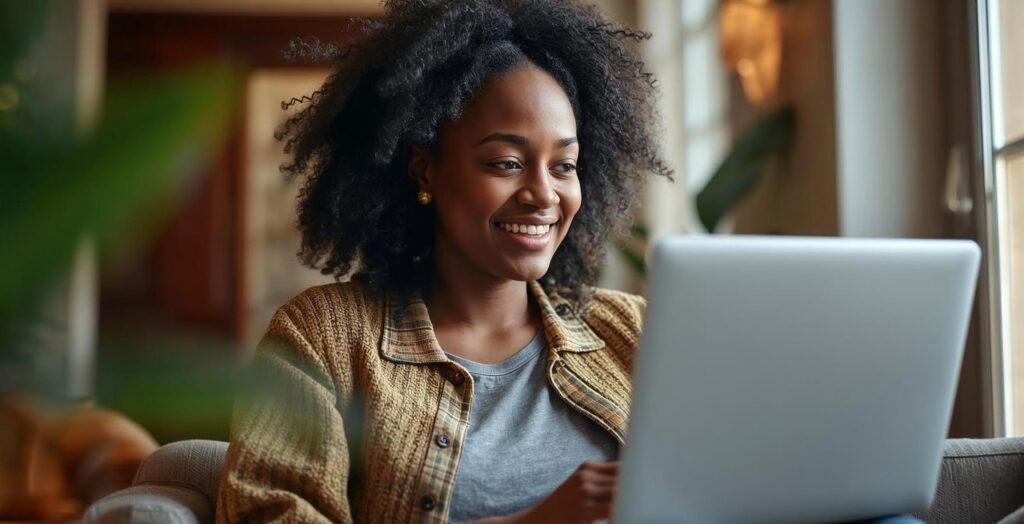Smiling woman creating a website with AI website builder on laptop at home