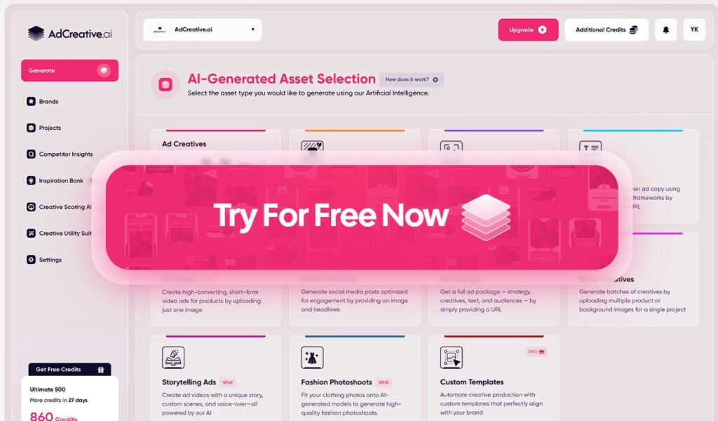 AdCreative.ai dashboard showing AI-generated asset selection menu with ad creatives, social posts, and storytelling ads options