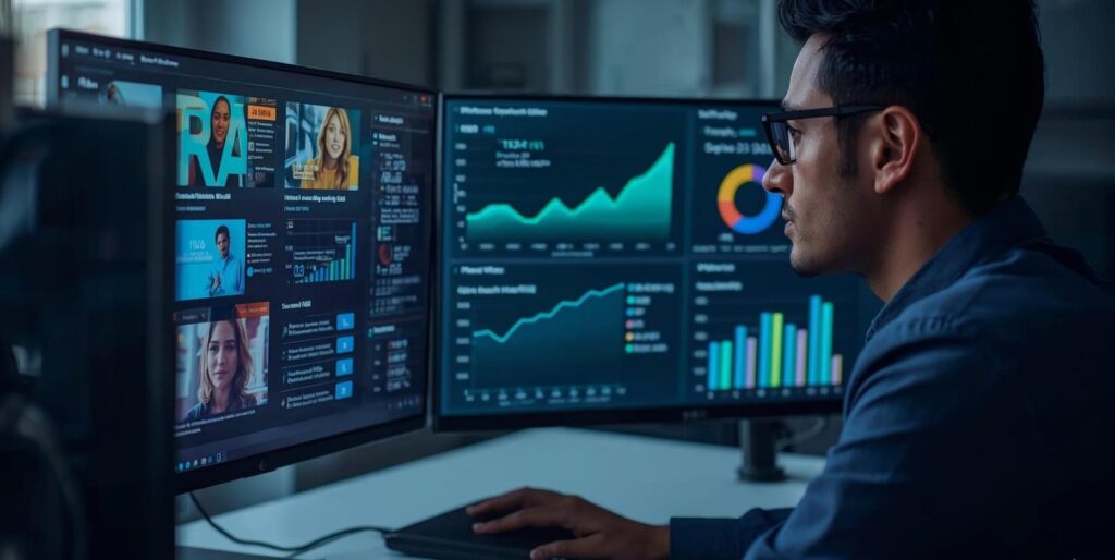 Marketer reviewing AI ad performance metrics and ROI results – AdCreative.ai Review 2025