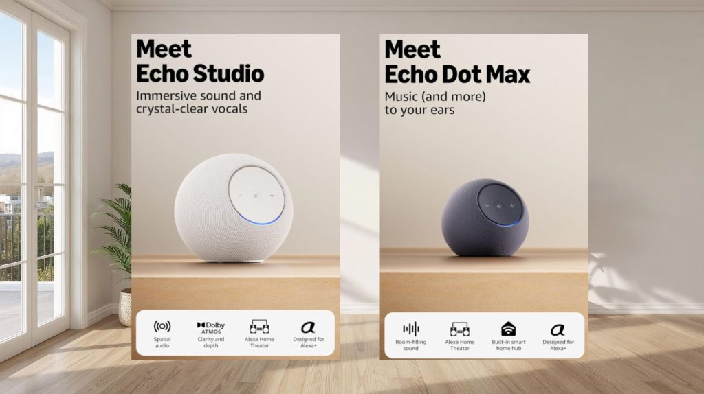 Alexa Echo Devices comparison table showing Echo Studio, Echo Dot Max, Echo Show 15, and Echo Hub side-by-side with specifications for smart home speaker features, pricing, and audio quality