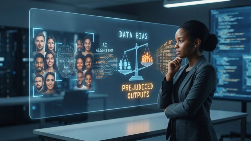 Bias in AI training shown as unbalanced data streams feeding into a neural network