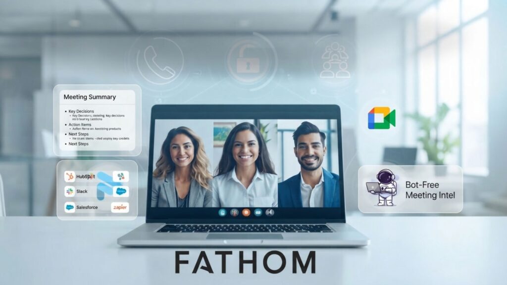 Collaborative meeting scene with Fathom AI automating note-taking for Zoom and Teams calls