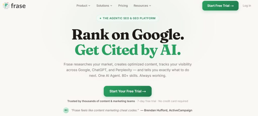 Frase AI content brief showing automated outline and question research for SEO posts