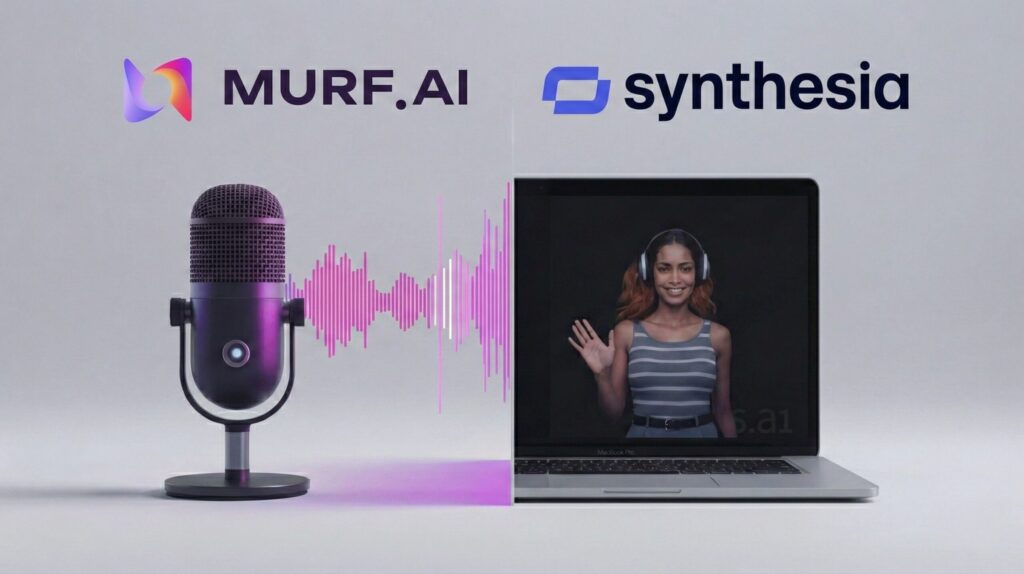 Split-screen comparison of Murf AI voice waveform and Synthesia AI avatar presenter