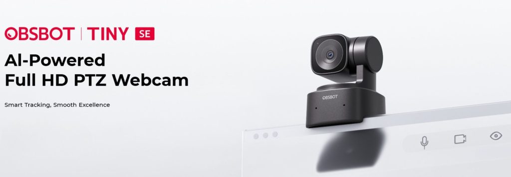 OBSBOT Tiny SE AI gear for influencers with auto-framing webcam tracking a speaker on desk setup