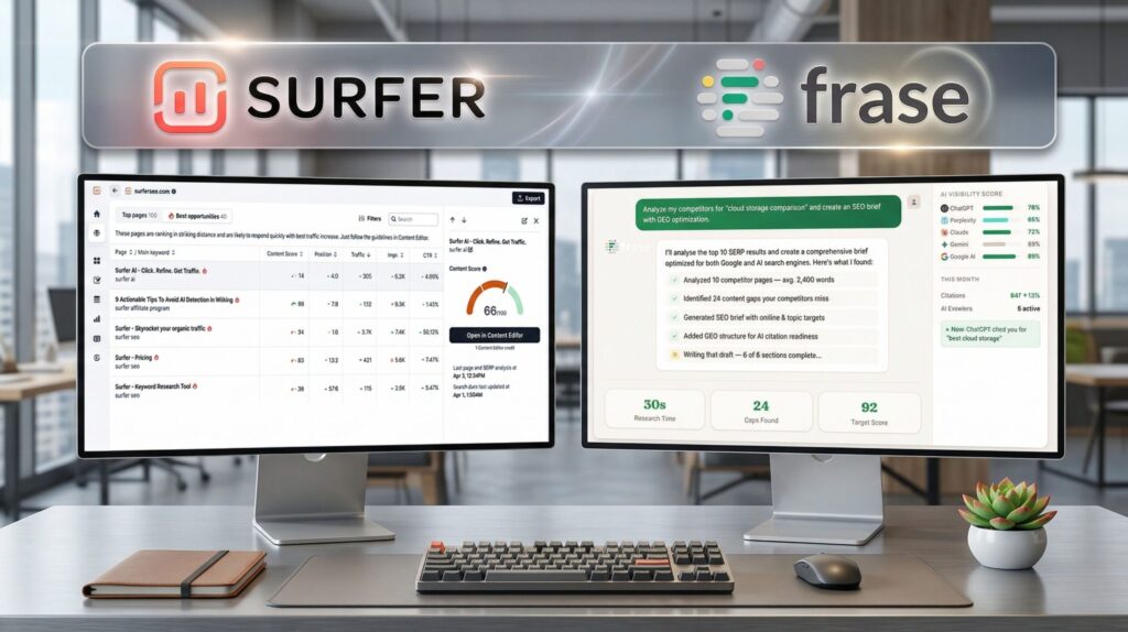 SurferSEO vs Frase comparison showing dashboard interfaces side by side for AI SEO tools 2026