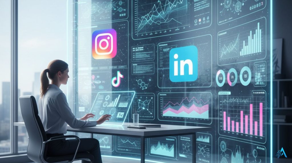 person analyzing dashboards and analytics on the best AI social media scheduling tool 2025