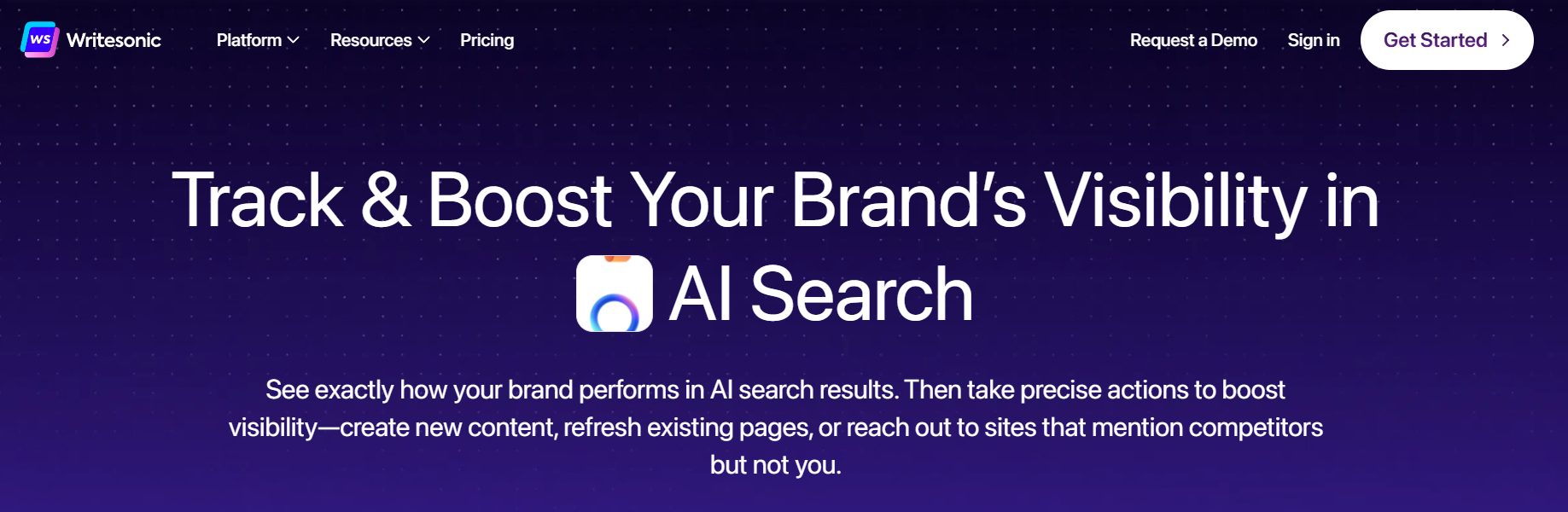 Writesonic review 2026 homepage showing its AI search visibility platform positioning