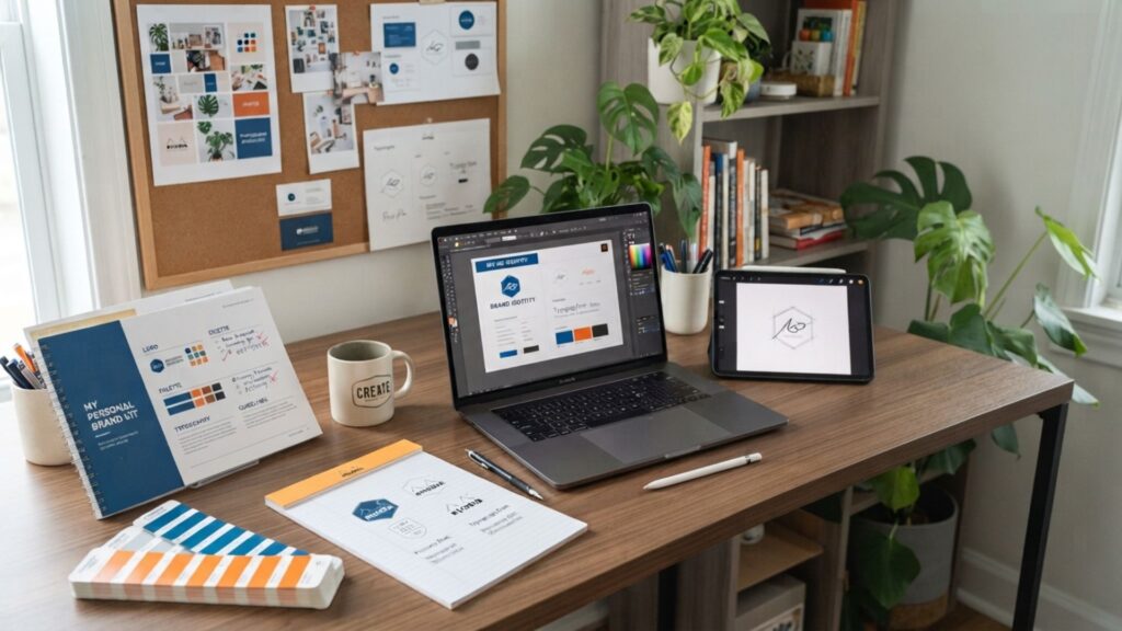 AI design tools helping build a personal brand kit with logo, color palette, and fonts