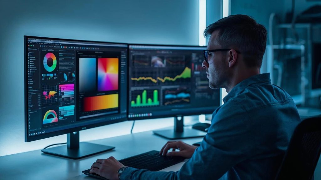 A creative professional comparing mismatched logo colors before using AI design tools