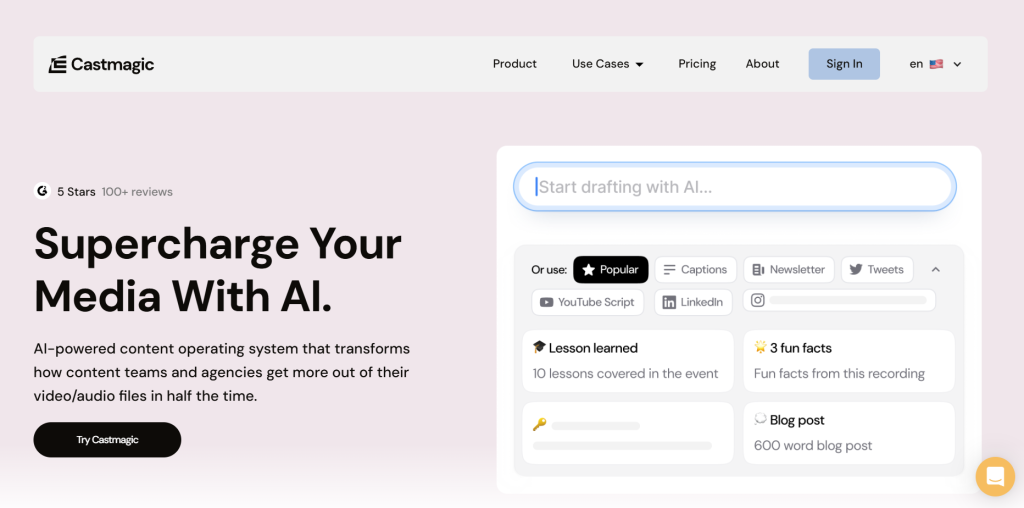 Castmagic AI home dashboard showing how the AI meeting transcription software converts recordings into summaries and action plans.