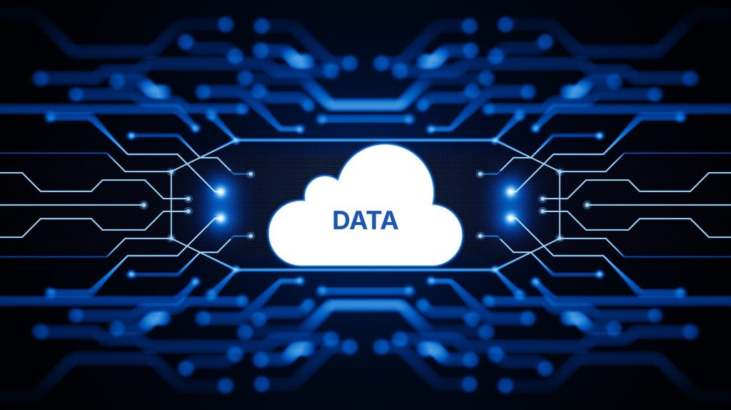 Illustration of chatbot data collection showing cloud data and digital circuits