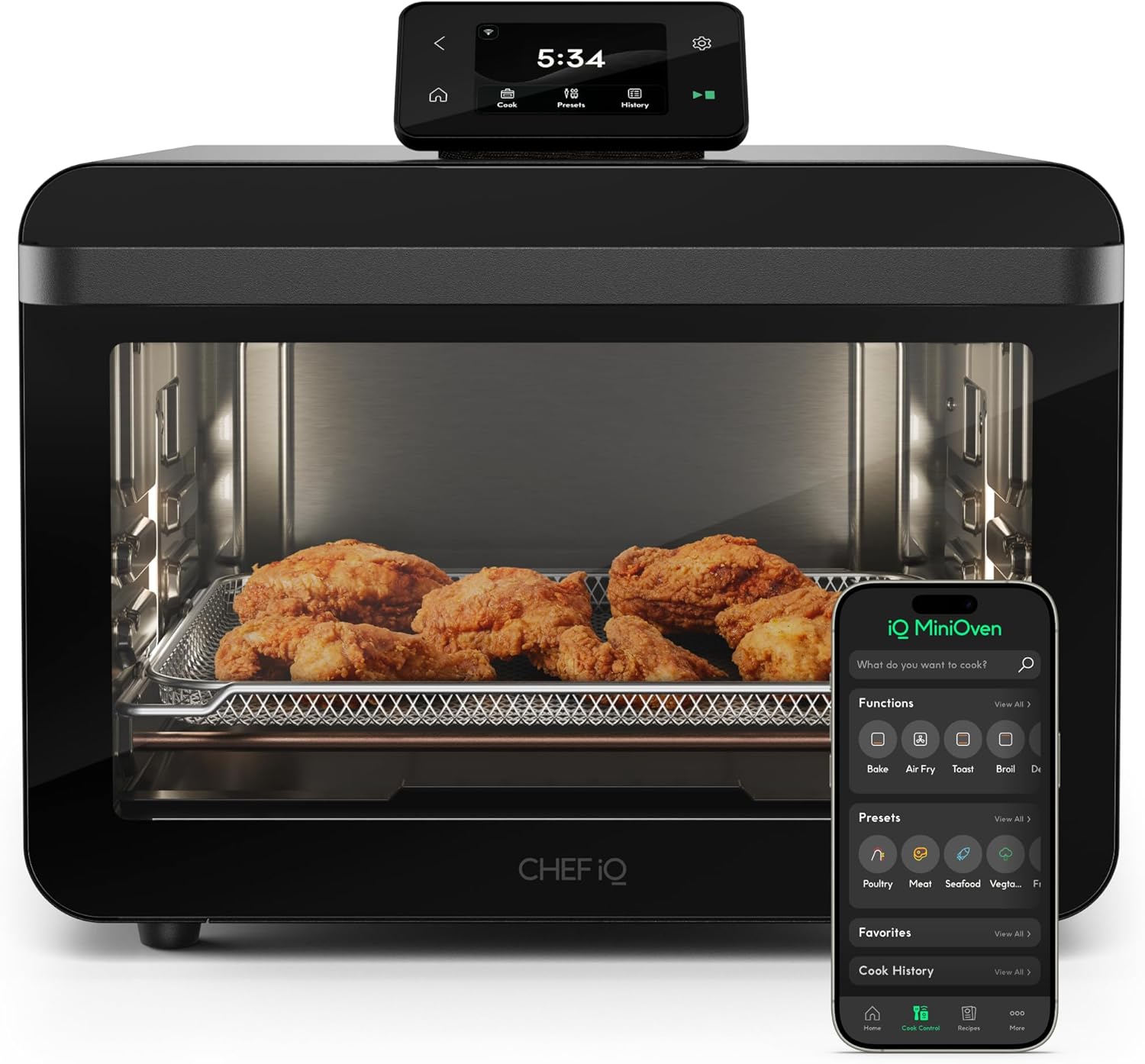 CHEF iQ MiniOven countertop air fryer oven, one of the AI smart ovens that pairs with a smart probe