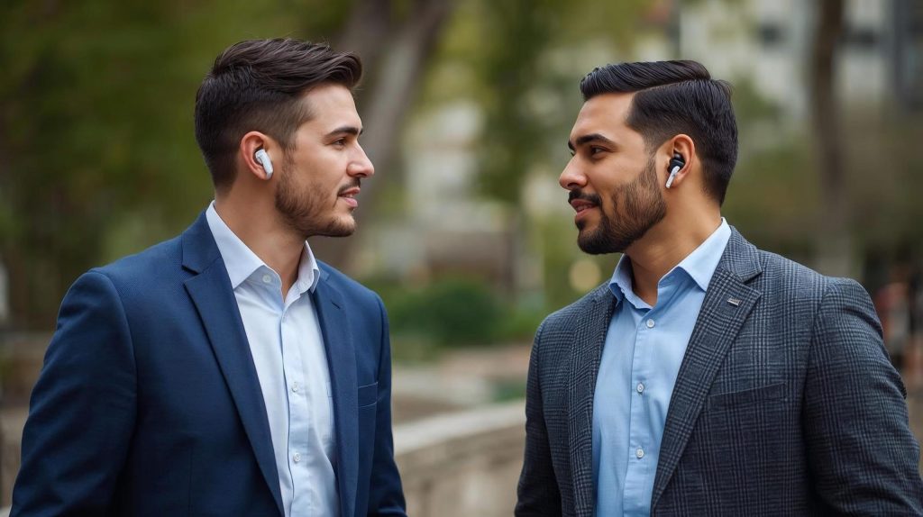 Two professionals using AI wearables 2025 translator earbuds while talking outdoors, symbolizing privacy and ethical AI awareness
