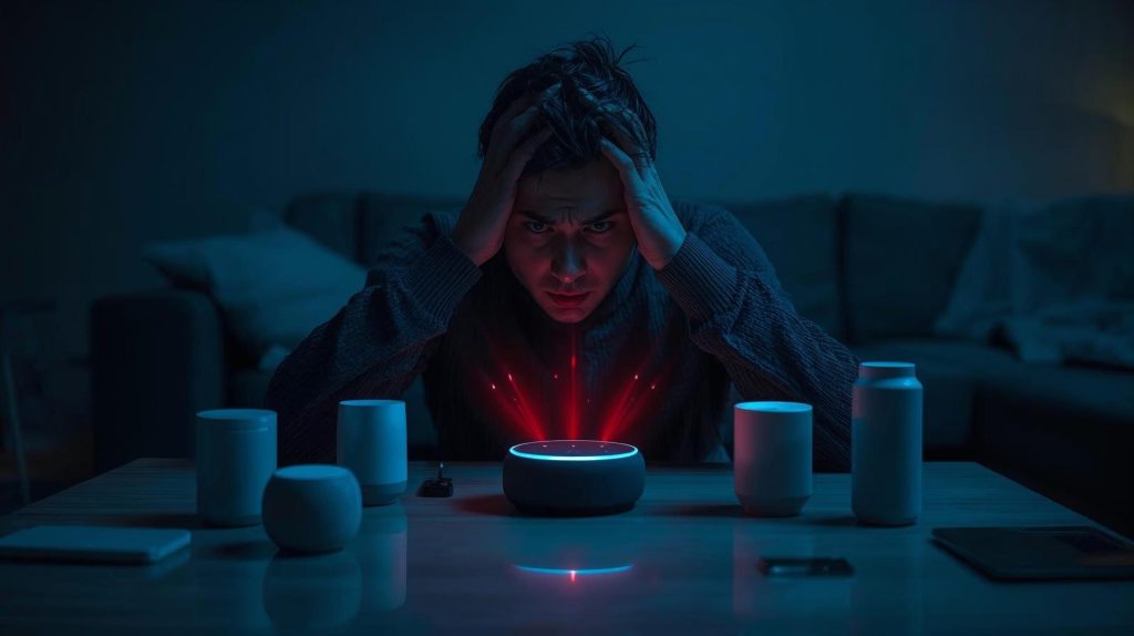 User trying to fix smart home AI hub setup with disconnected devices on a modern desk.