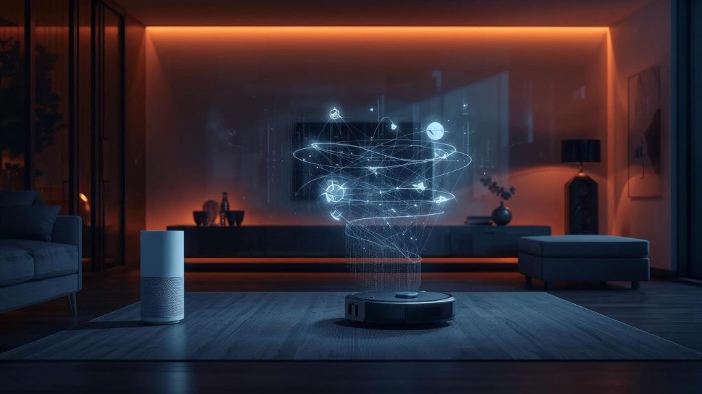 Realistic illustration showing the hidden data AI home devices collect without you noticing, with smart speakers, cameras and sensors revealing invisible tracking.