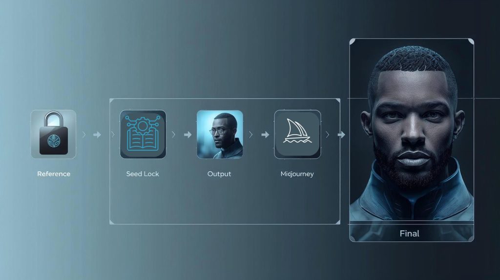 Midjourney character consistency workflow showing reference, seed, and final AI character