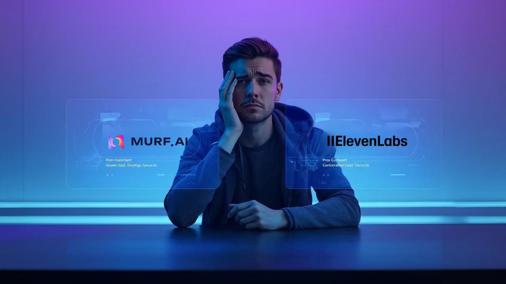 Creator comparing Murf AI vs ElevenLabs interfaces while choosing the best AI voice tool