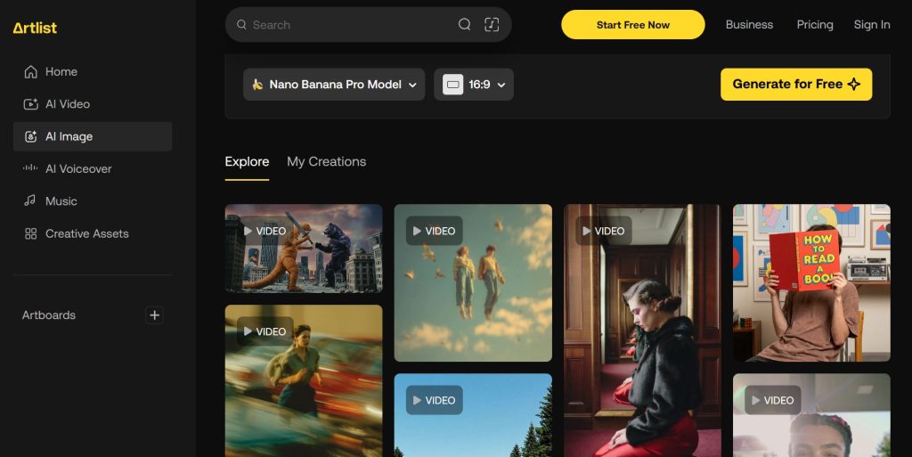 Artlist AI interface used while researching the nano banana pro review