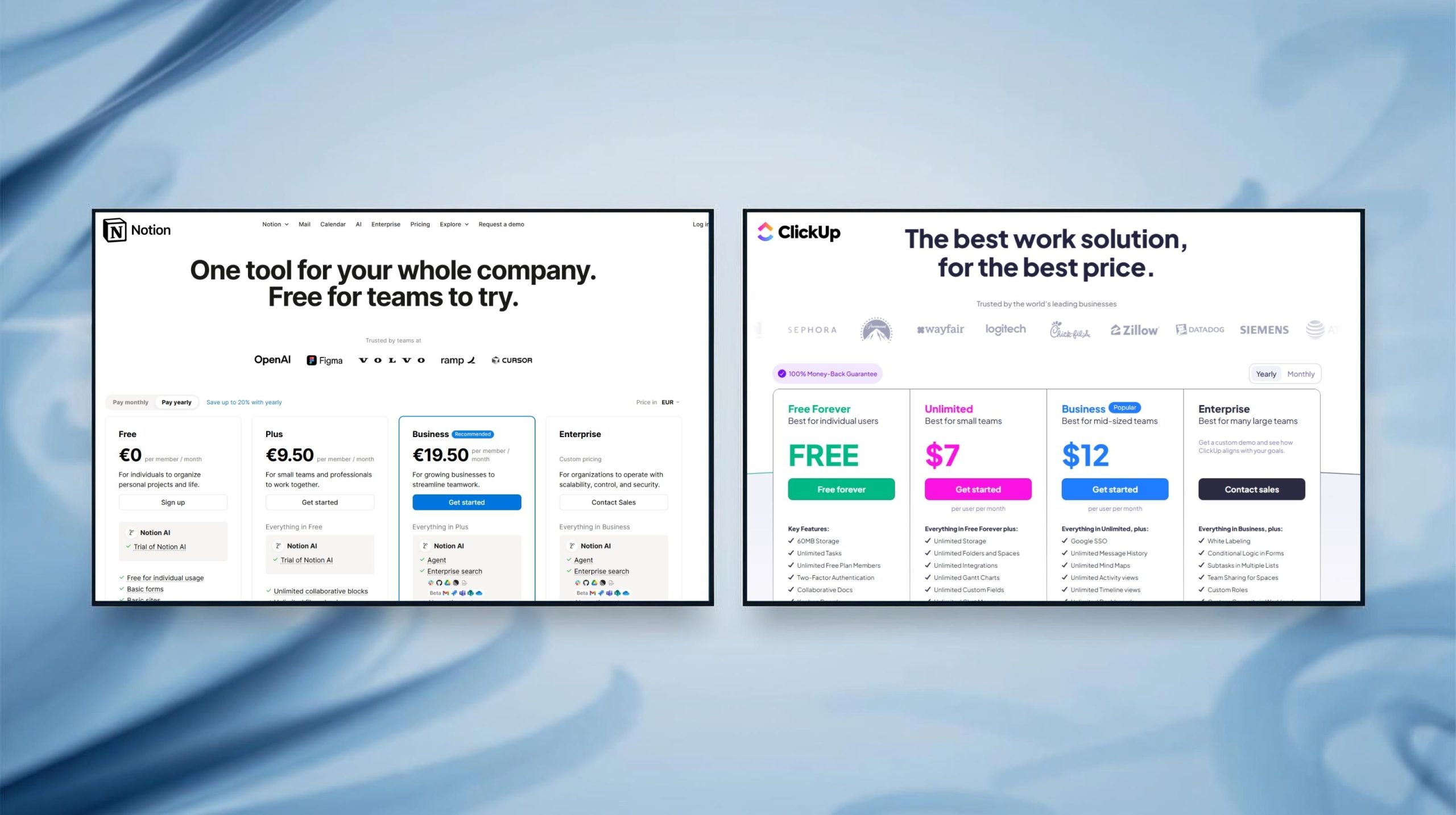 Notion Agents and ClickUp AI pricing plans comparison