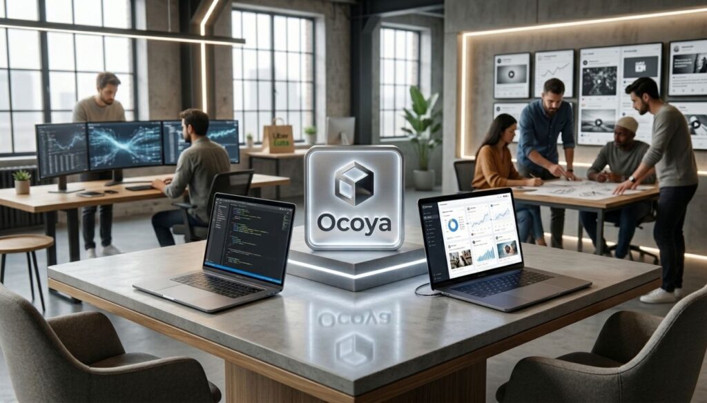 Ocoya AI review interface showing social media scheduling dashboard and automation features