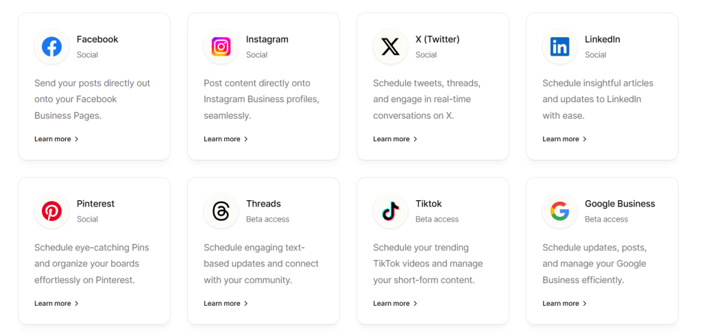 Ocoya AI social platform integrations 2025 showing Facebook, Instagram, LinkedIn, TikTok, and Google Business scheduling options