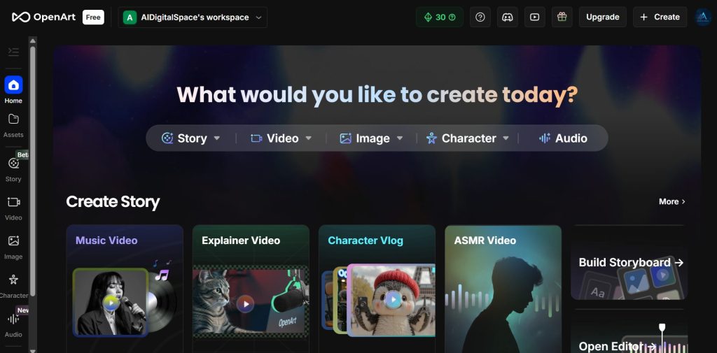 OpenArt Guide 2025 dashboard showing creative tools and AI workspace