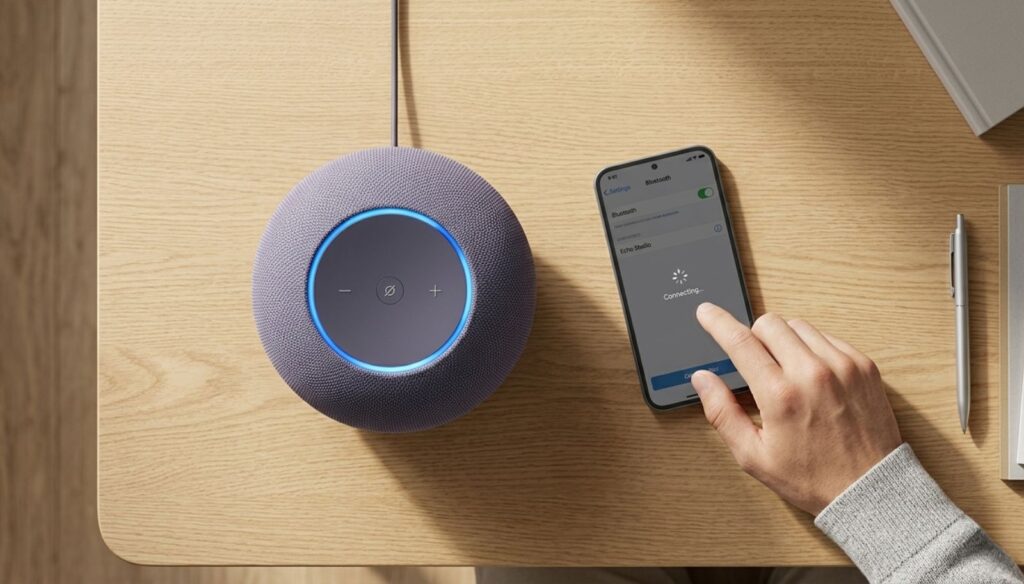 Smart home AI hub setup device pairing process showing successful connection between hub and smart devices with WiFi signal indicators