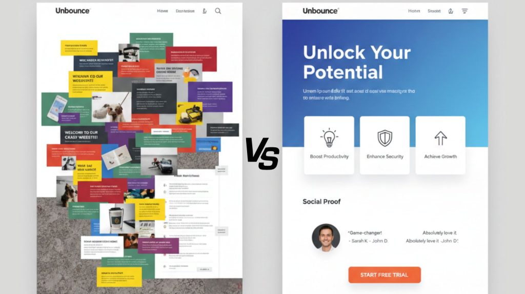 Unbounce Smart Builder comparison showing messy landing page vs clean optimized layout