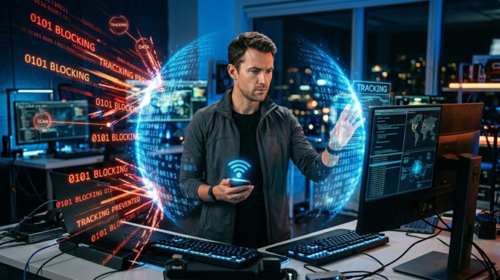 Person controlling AI online tracking with digital shield and privacy protection tools