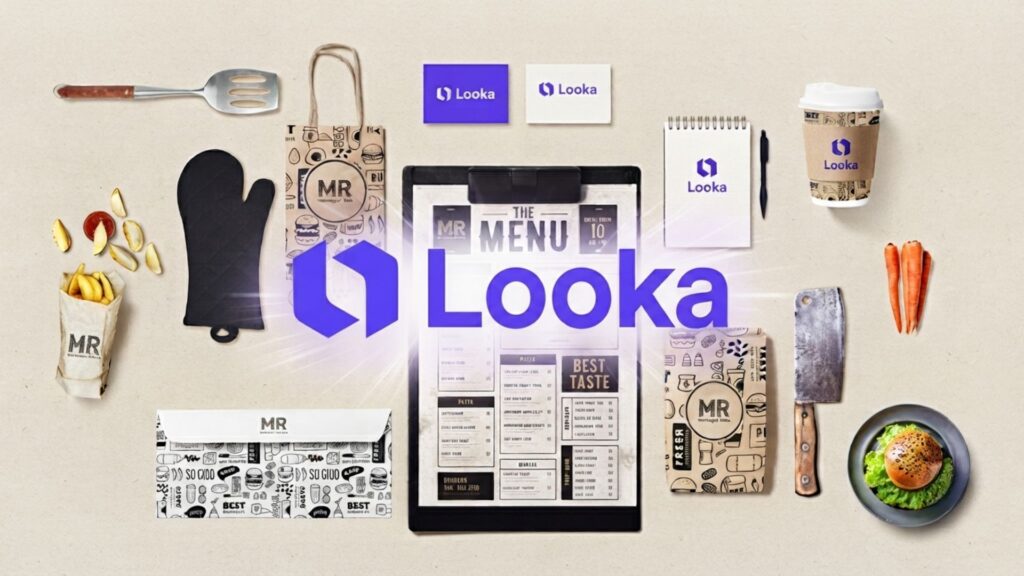 Looka AI review screenshot showing the brand kit and logo generator interface