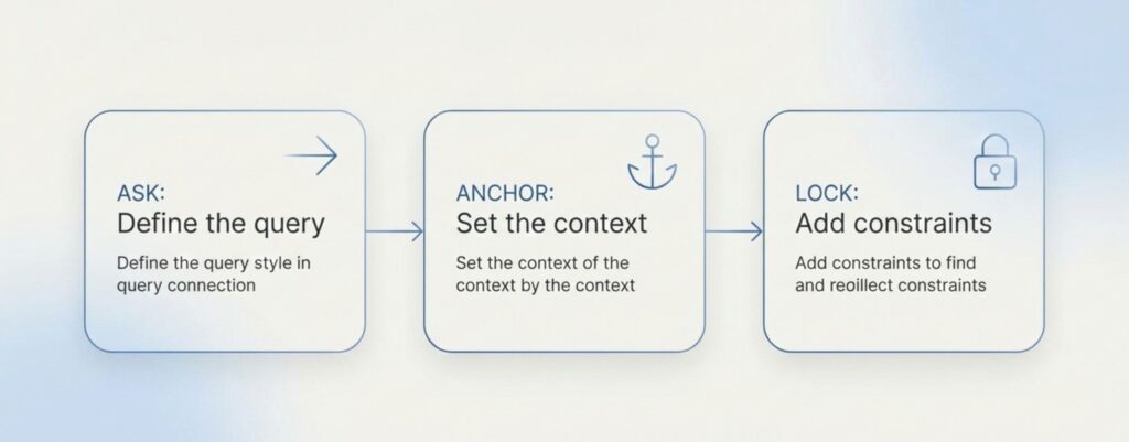 ASK-ANCHOR-LOCK method infographic showing three steps to fix why AI answers change and get consistent stable AI results every time
