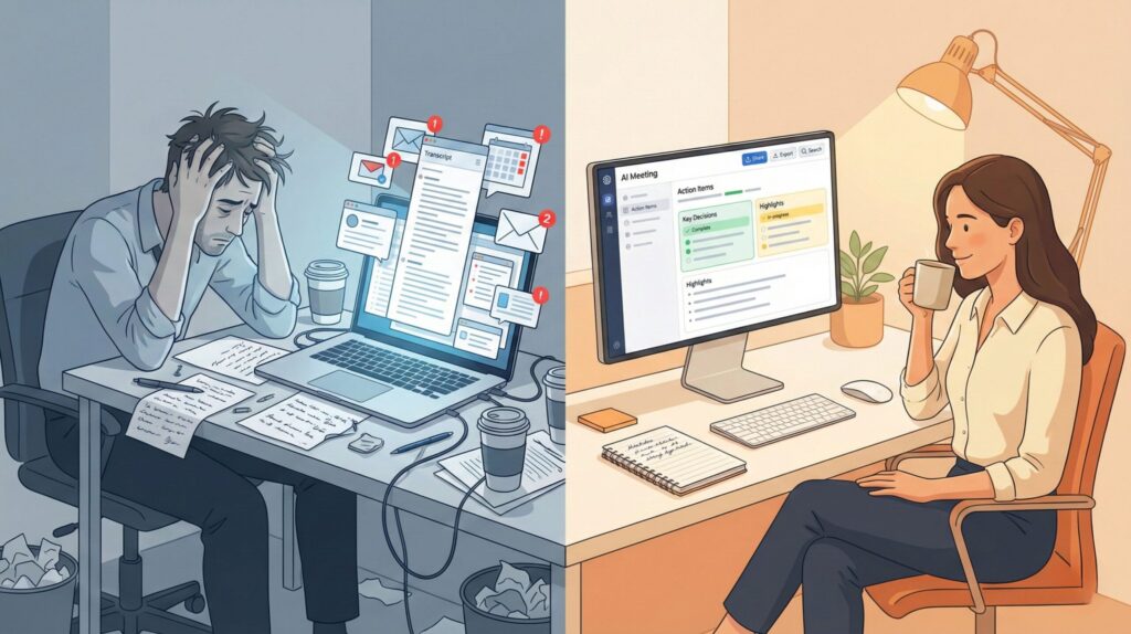 Person choosing the best AI meeting notes tool between three laptop screens