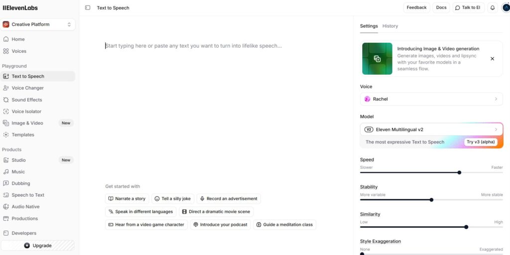 ElevenLabs AI voice replication tool homepage showing text-to-speech and voice cloning features
