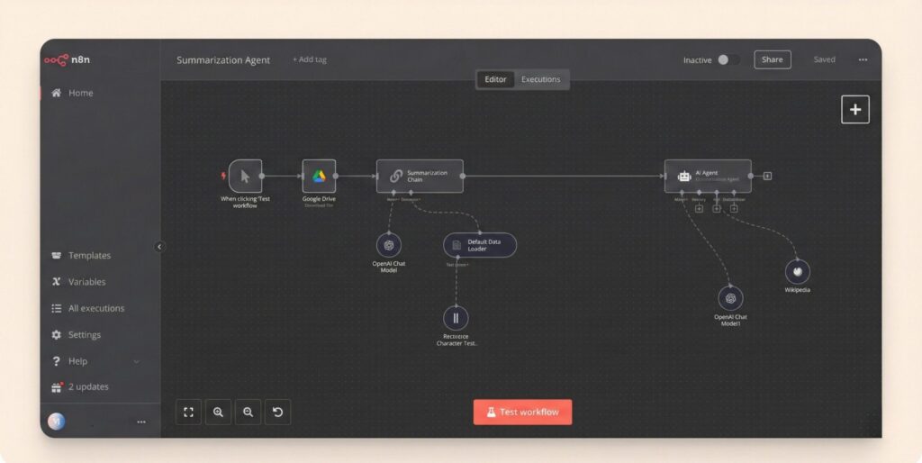 n8n node-based workflow editor for advanced automation control