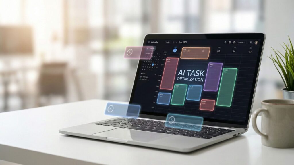 Professional using best AI calendar apps 2026 on laptop showing organized schedule with automated task management and meeting optimization