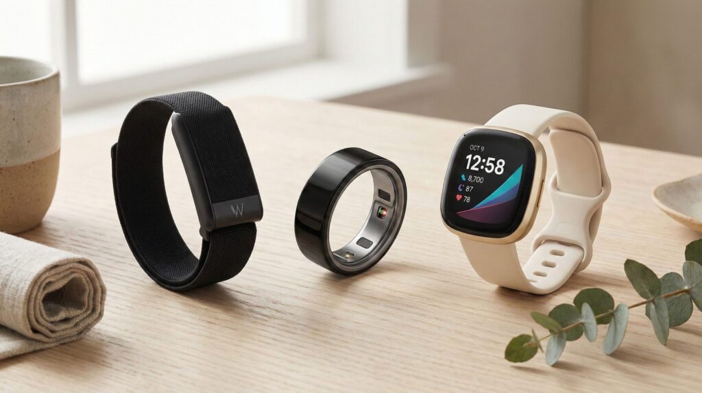 AI fitness tracker comparison showing WHOOP band, Oura ring, and Fitbit smartwatch side by side