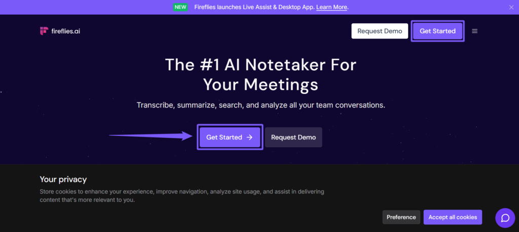 Fireflies.ai interface displaying AI tools for meeting productivity with CRM integrations, automatic note logging to Salesforce, and team collaboration workspace