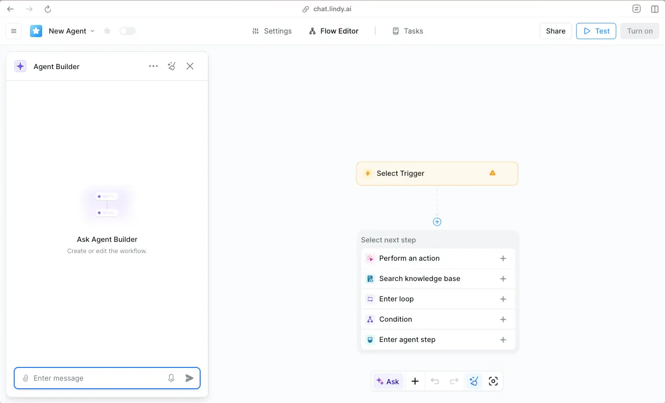 Lindy AI agent builder screenshot showing an inbox automation