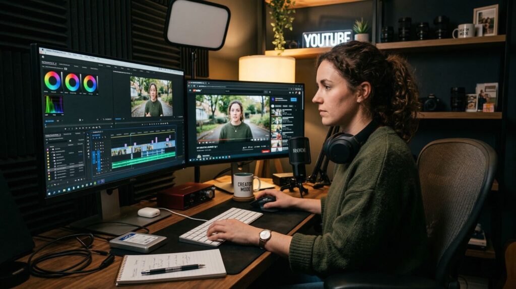 Descript video editor interface showing text-based editing for YouTube videos