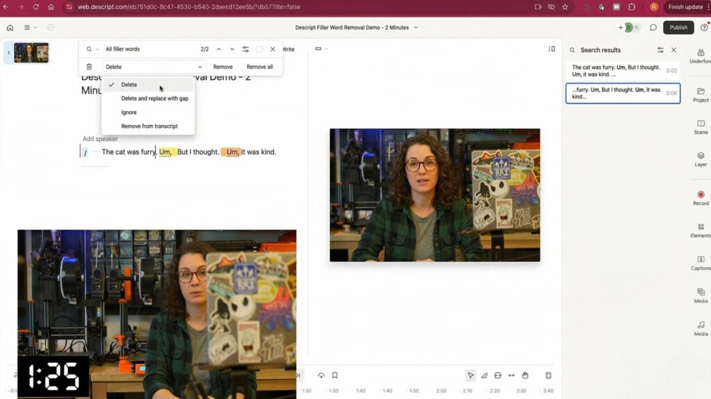 Remove filler words when you edit YouTube videos in Descript with Underlord AI