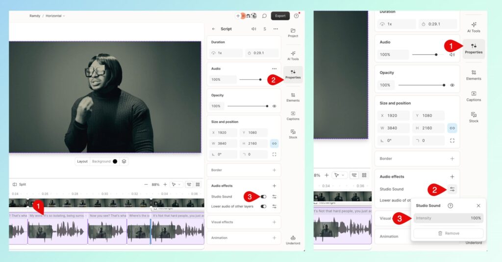 Descript Studio Sound toggle and intensity slider for AI audio cleanup