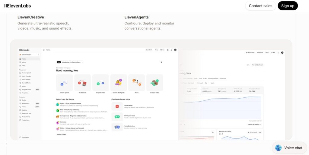 ElevenLabs AI voice generator dashboard interface for creating voiceovers