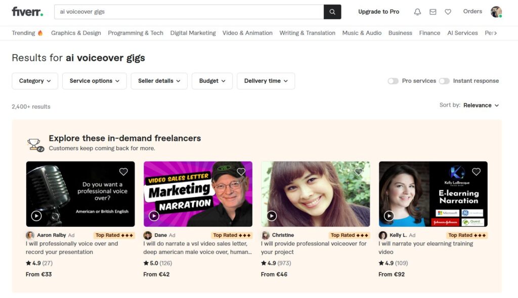 Fiverr AI voiceover gig example for freelancers using ElevenLabs
