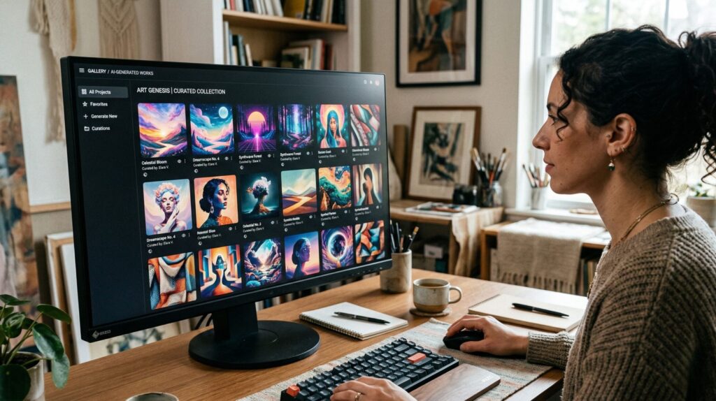 Free AI image generator tools interface showing AI-created artwork in 2026