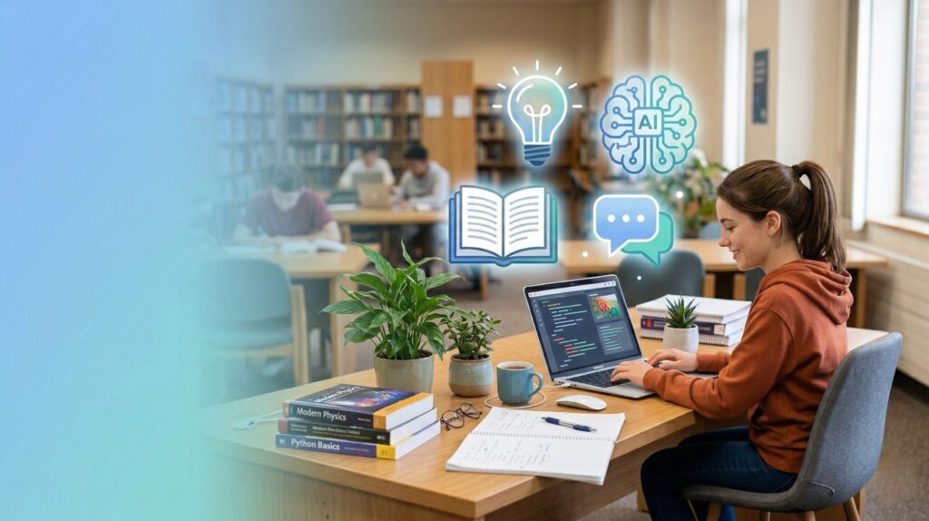 Student using free AI learning tools on laptop to study smarter